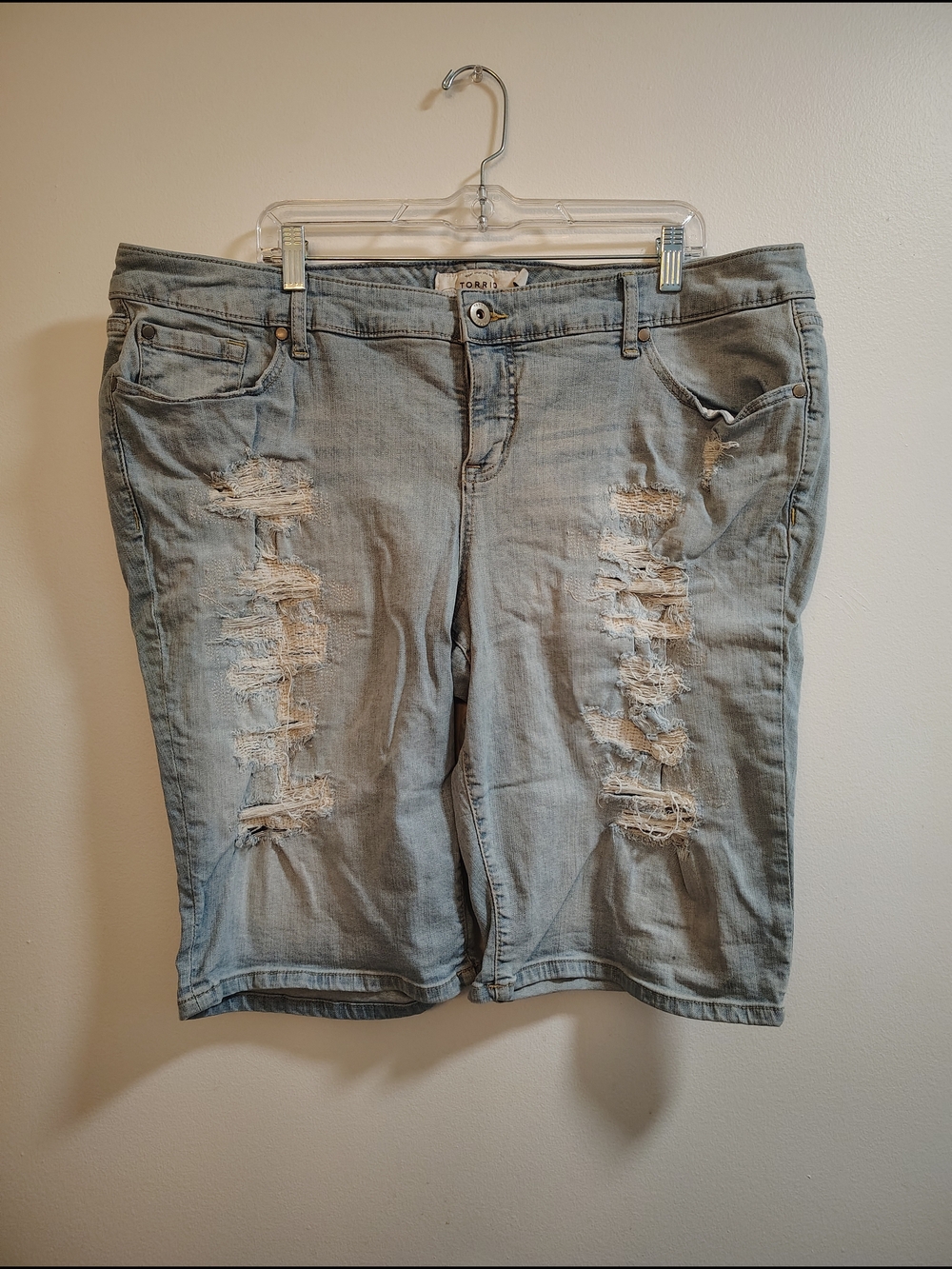 Torrid Light Wash Distressed Denim Bermuda Shorts - Light Blue